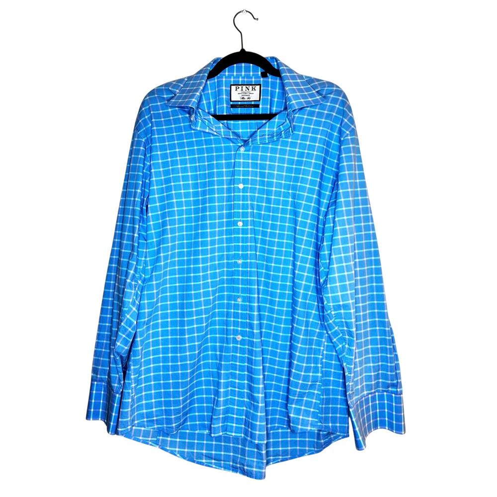 Thomas Pink Jermyn Street London Blue Plaid Slim Fit Dress Shirt Men's